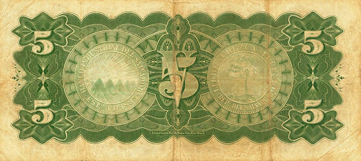 Back of El Salvador pS142a: 5 Pesos from 1896