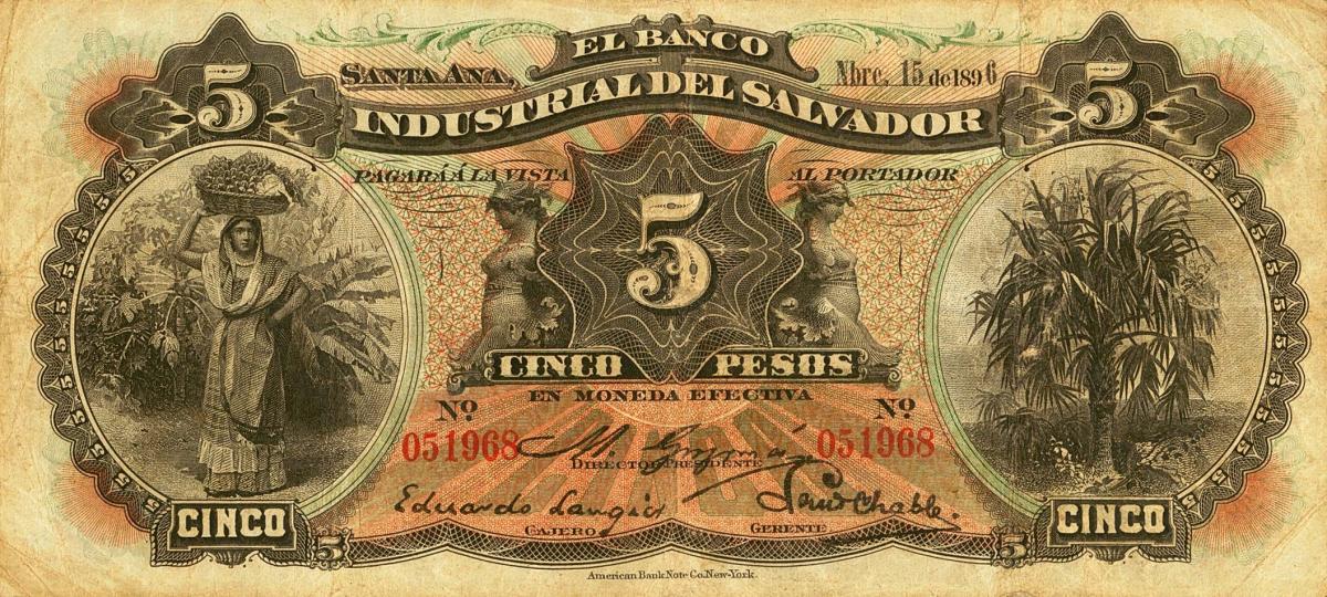 Front of El Salvador pS142a: 5 Pesos from 1896