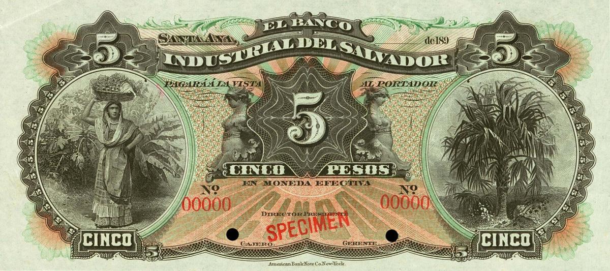 Front of El Salvador pS142s: 5 Pesos from 1896