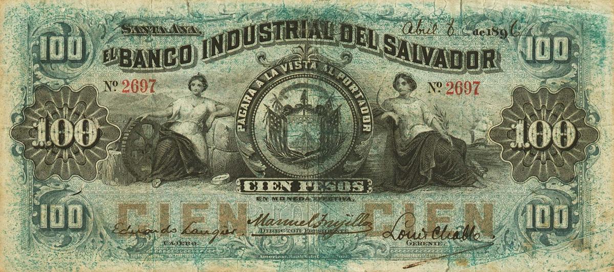 Front of El Salvador pS145a: 100 Pesos from 1890