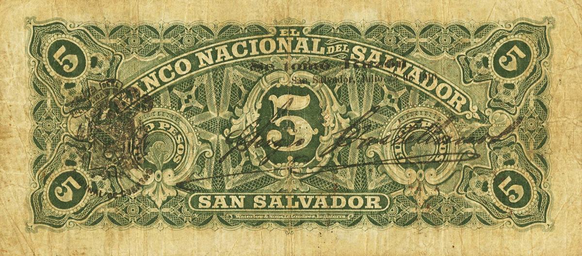 Back of El Salvador pS162c: 5 Pesos from 1909