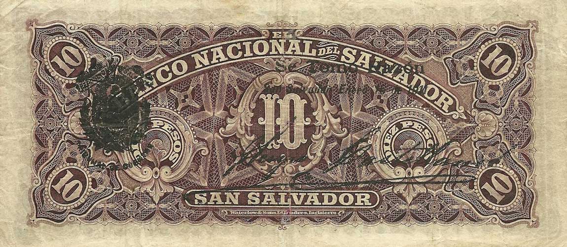 Back of El Salvador pS163b: 10 Pesos from 1908