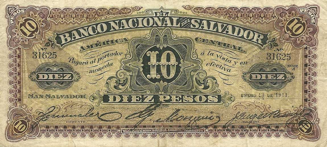 Front of El Salvador pS163b: 10 Pesos from 1908