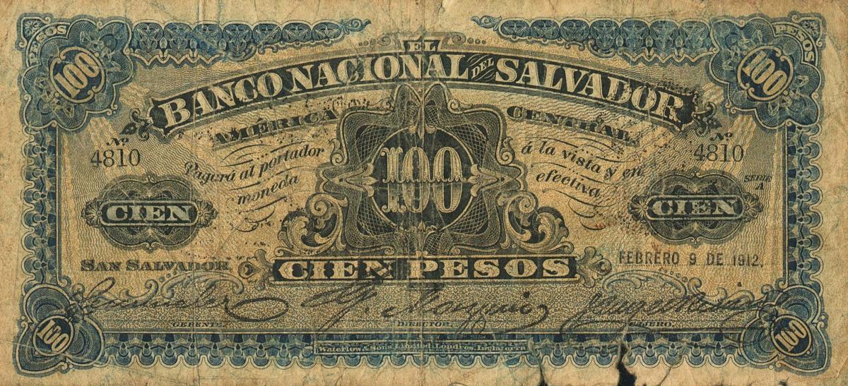 Front of El Salvador pS166b: 100 Pesos from 1908