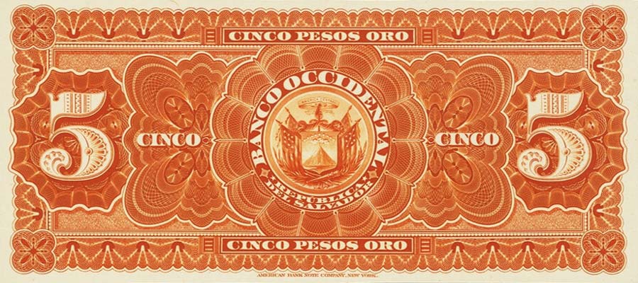 Back of El Salvador pS175p: 5 Pesos from 1890