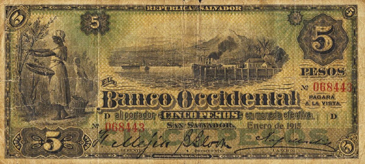 Front of El Salvador pS176c: 5 Pesos from 1906