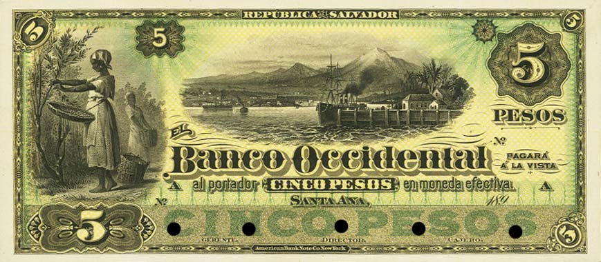 Front of El Salvador pS176p: 5 Pesos from 1891