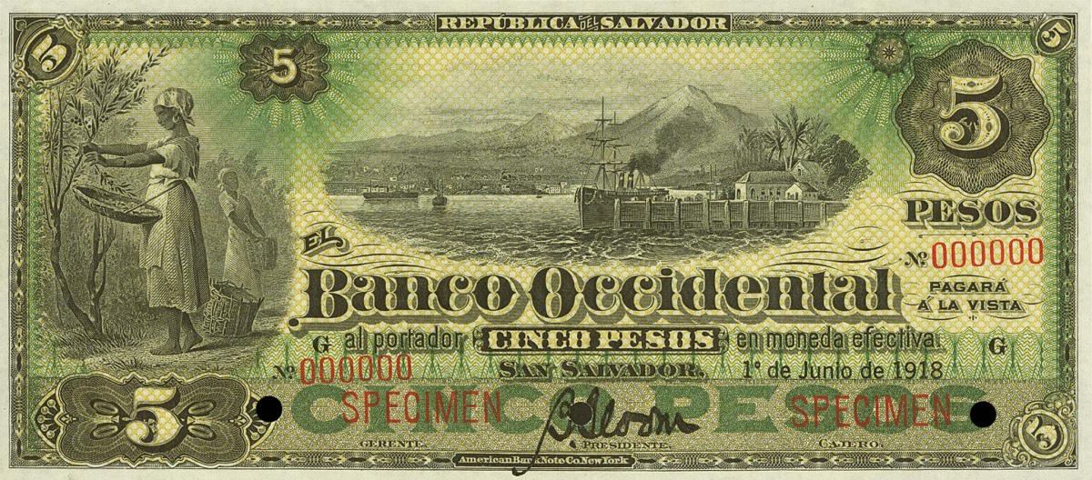 Front of El Salvador pS176s2: 5 Pesos from 1910