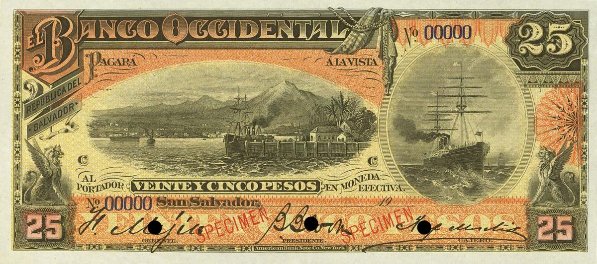 Front of El Salvador pS178s2: 25 Pesos from 1917