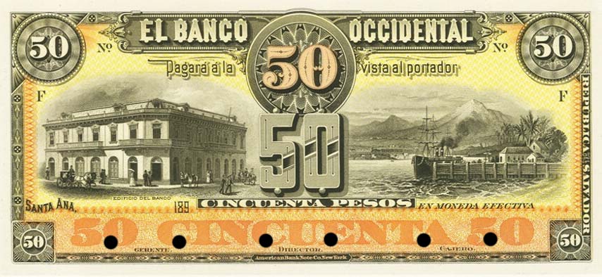 Front of El Salvador pS179p: 50 Pesos from 1890