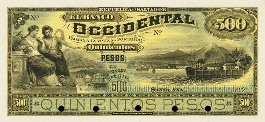 Front of El Salvador pS181p: 500 Pesos from 1890