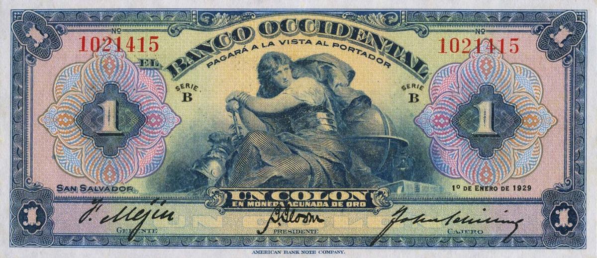 Front of El Salvador pS192a: 1 Colon from 1929