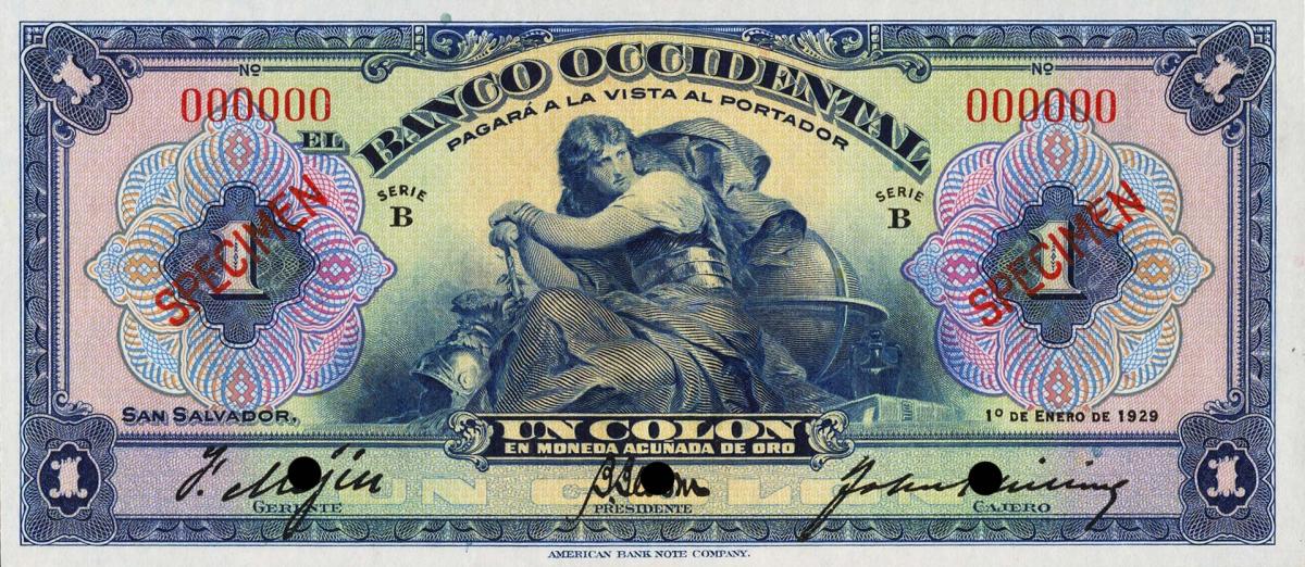 Front of El Salvador pS192s: 1 Colon from 1929