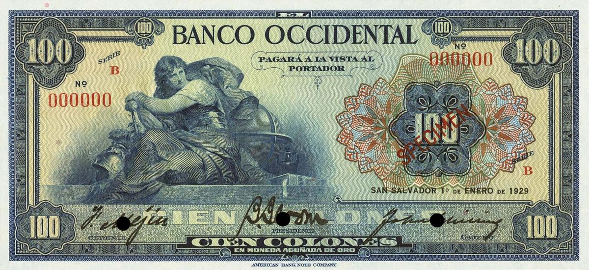 Front of El Salvador pS198s: 100 Colones from 1924