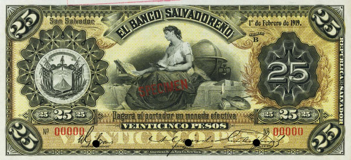 Front of El Salvador pS205s2: 25 Pesos from 1919