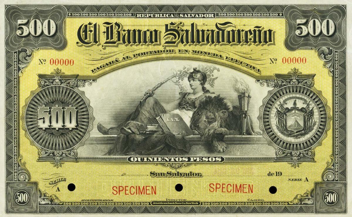 Front of El Salvador pS207s: 500 Pesos from 1900