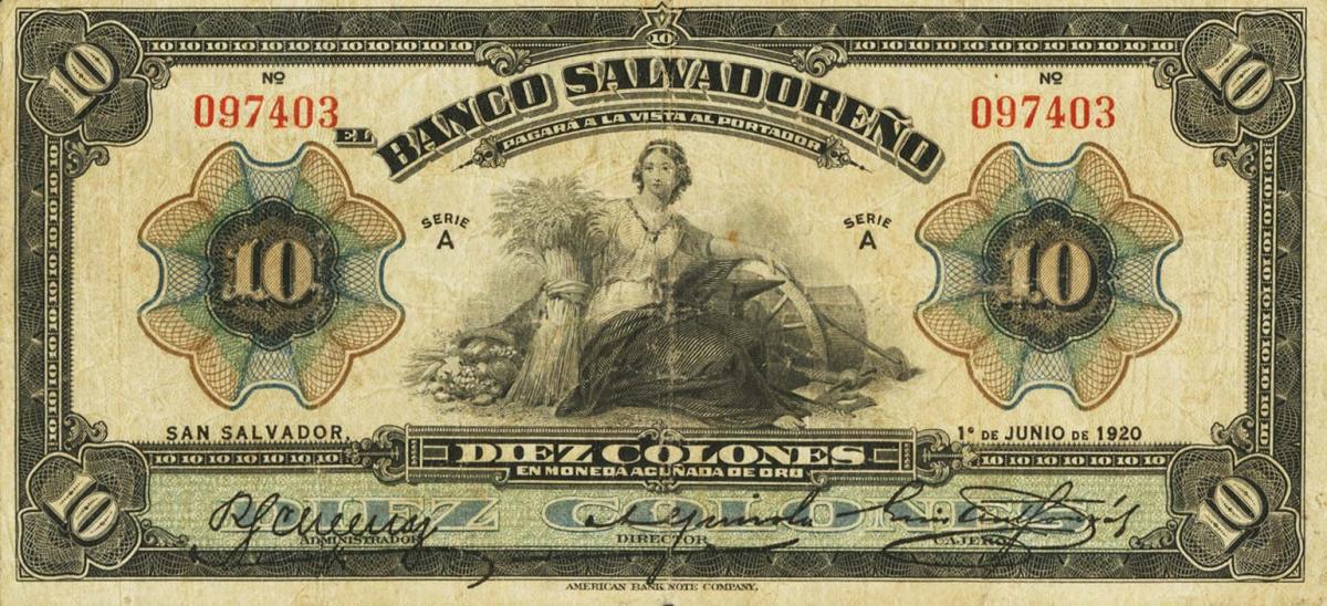 Front of El Salvador pS214a: 10 Colones from 1920
