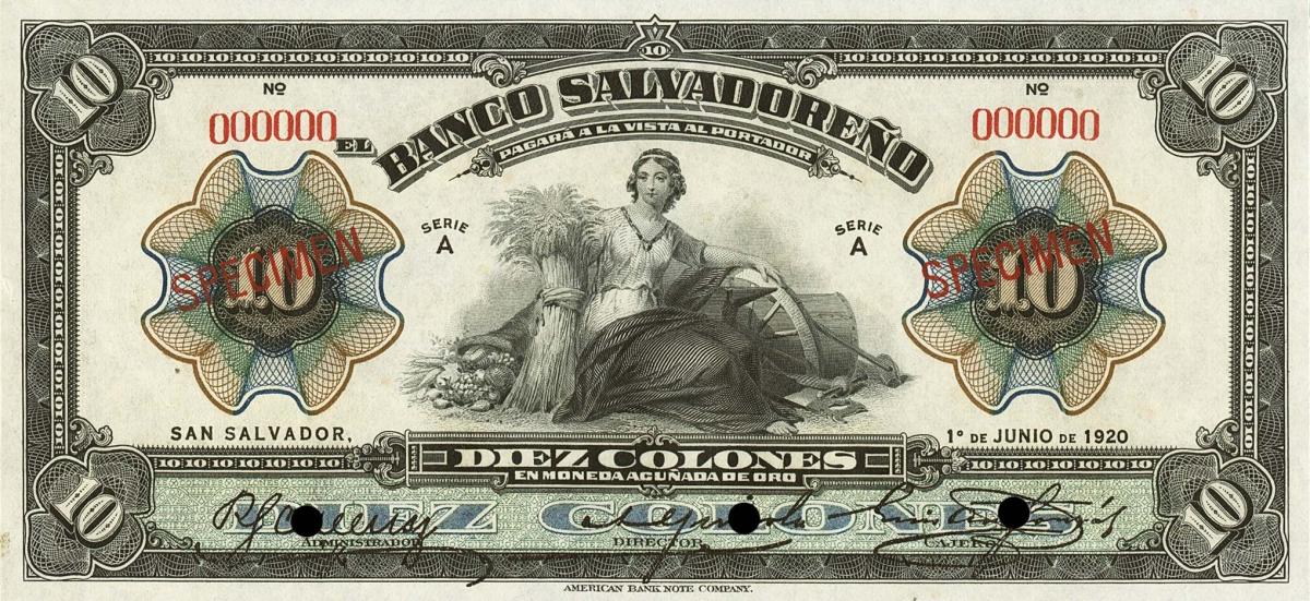 Front of El Salvador pS214s: 10 Colones from 1920