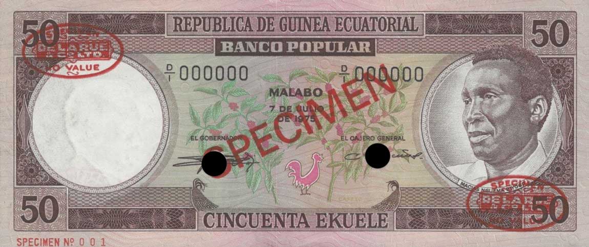 Front of Equatorial Guinea p5s: 50 Ekuele from 1975