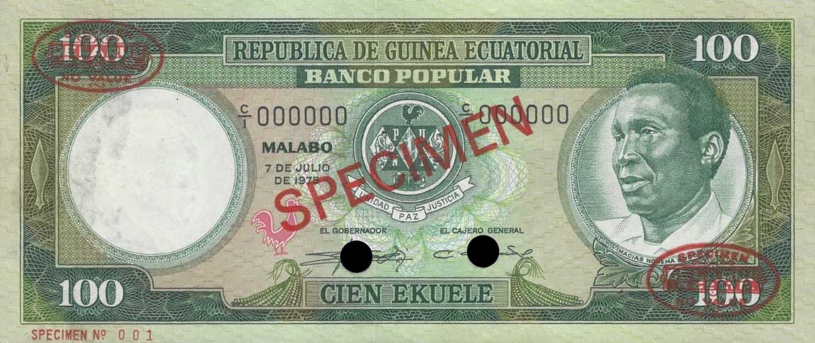 Front of Equatorial Guinea p6s: 100 Ekuele from 1975