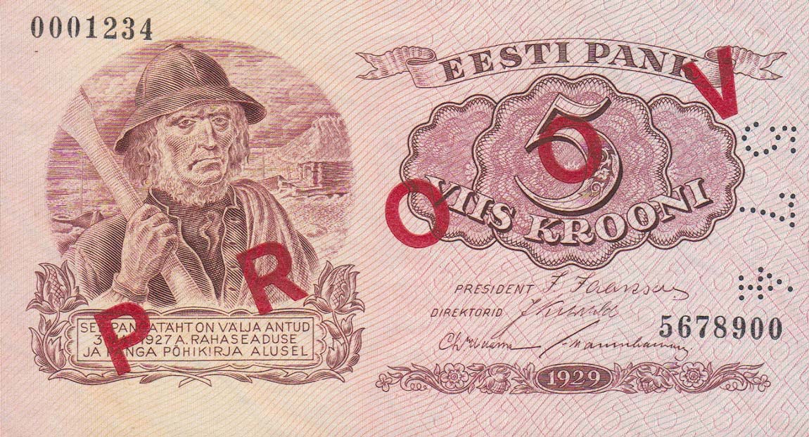 Front of Estonia p62s: 5 Krooni from 1929