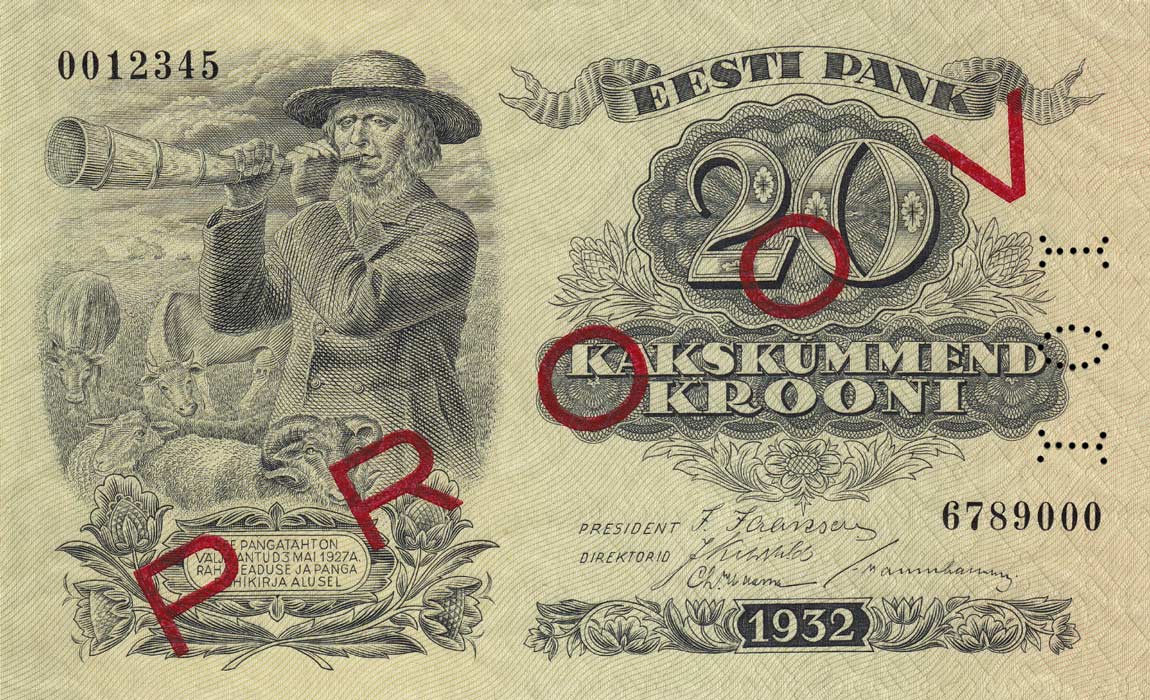 Front of Estonia p64s: 20 Krooni from 1932