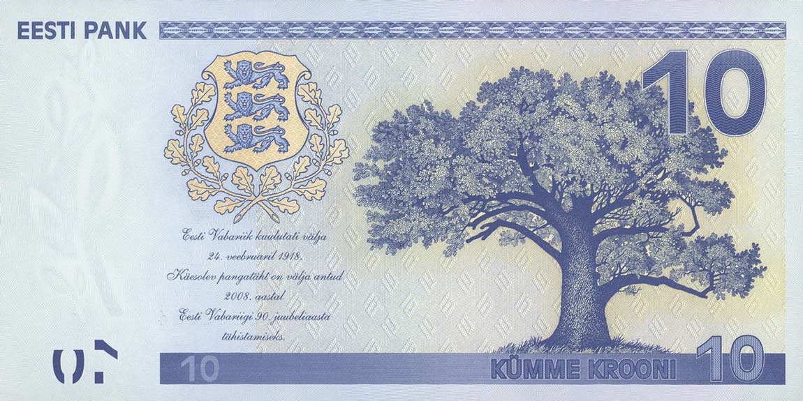 Back of Estonia p90: 10 Krooni from 2008