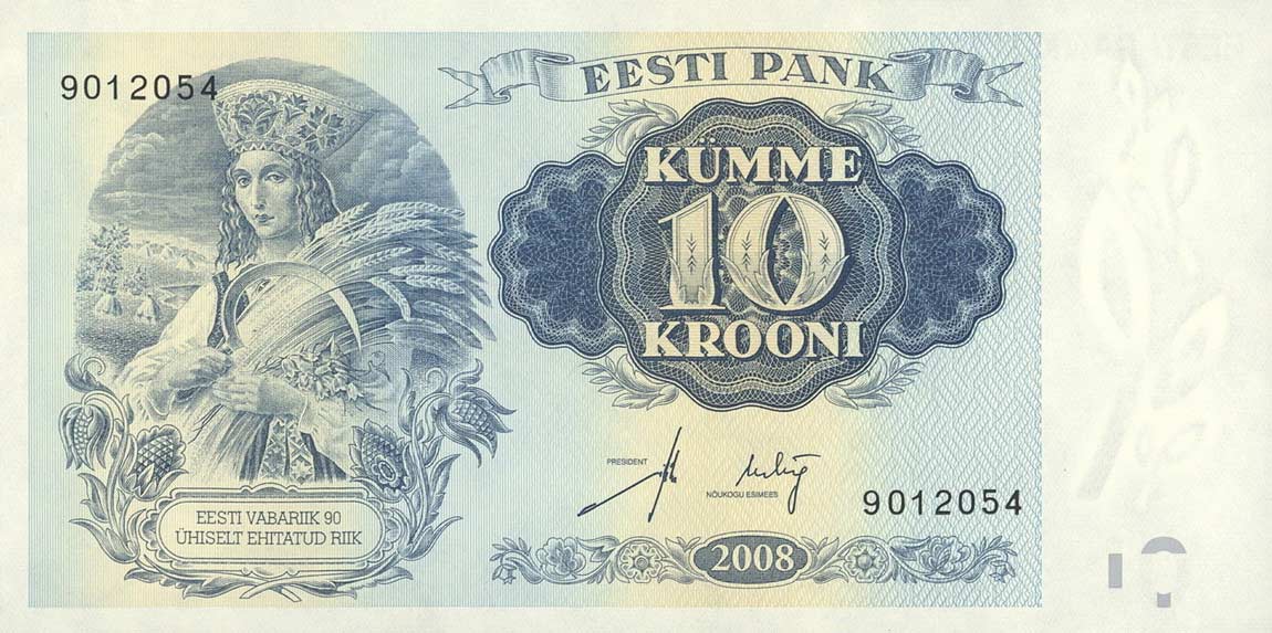 Front of Estonia p90: 10 Krooni from 2008