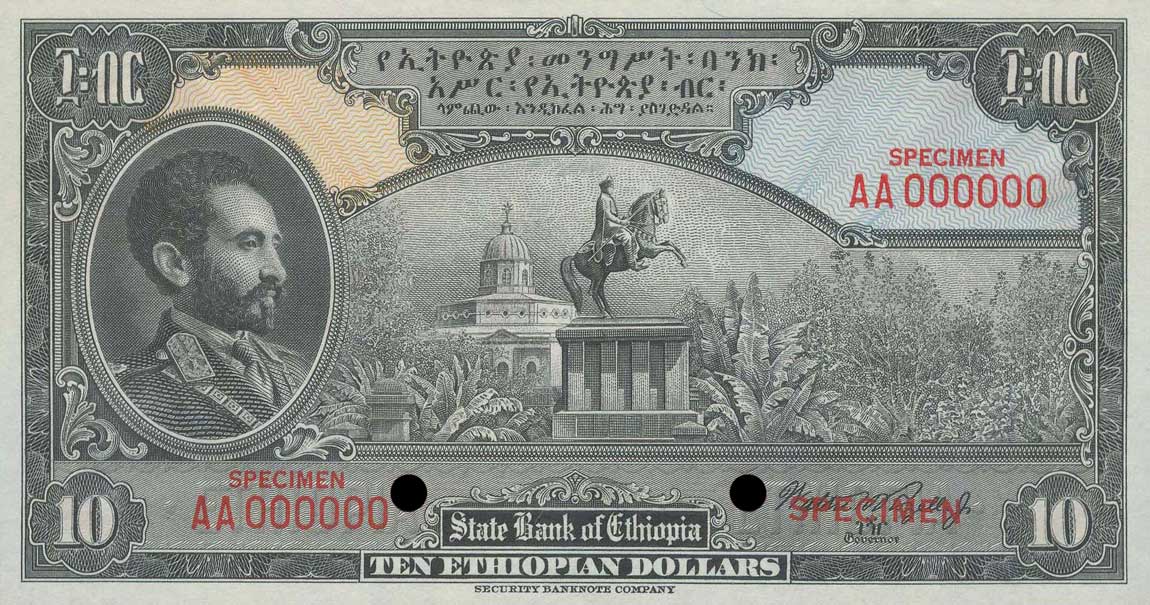 Front of Ethiopia p14s: 10 Dollars from 1945