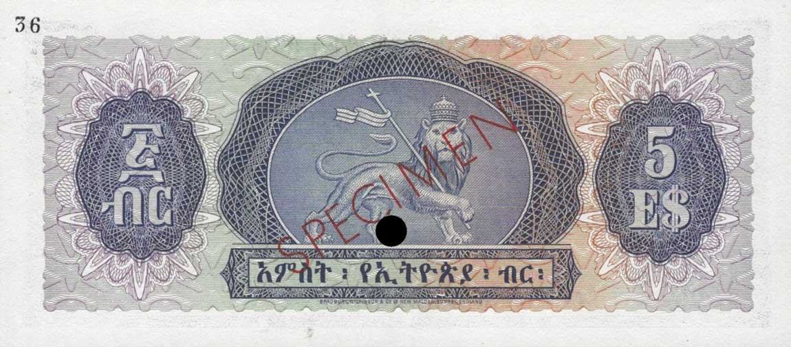 Back of Ethiopia p19ct: 5 Dollars from 1961