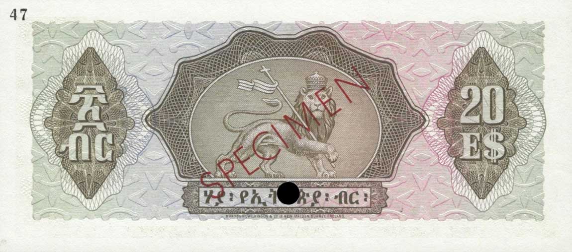 Back of Ethiopia p21ct: 20 Dollars from 1961