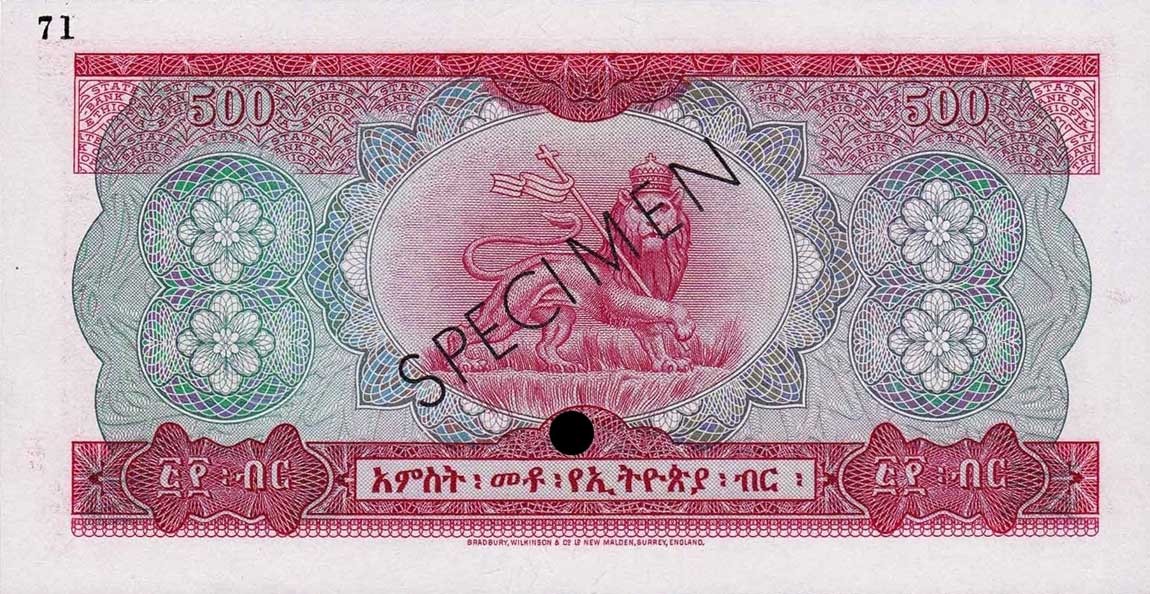 Back of Ethiopia p24ct: 500 Dollars from 1961