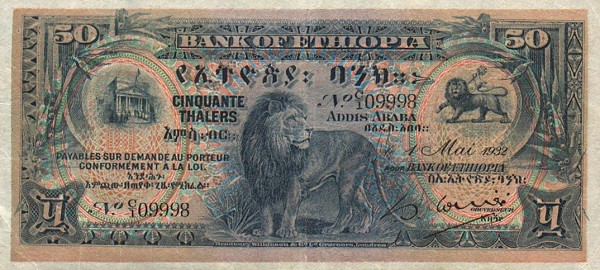 Front of Ethiopia p9a: 50 Thalers from 1932