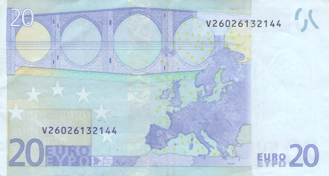 Back of European Union p10v: 20 Euro from 2002
