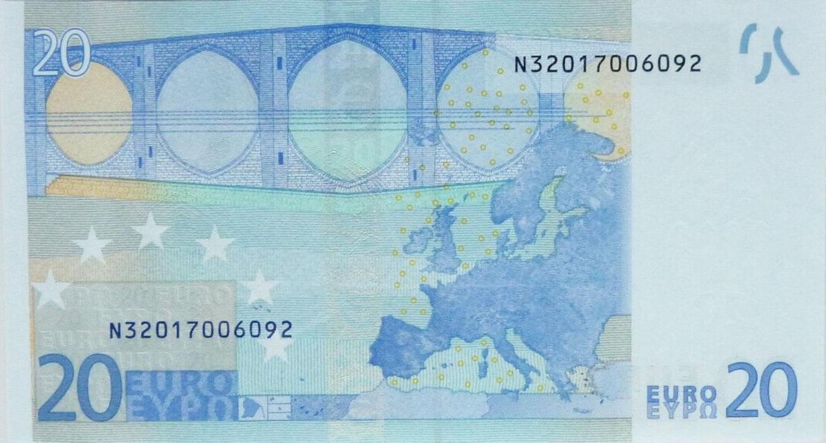 Back of European Union p3n: 20 Euro from 2002