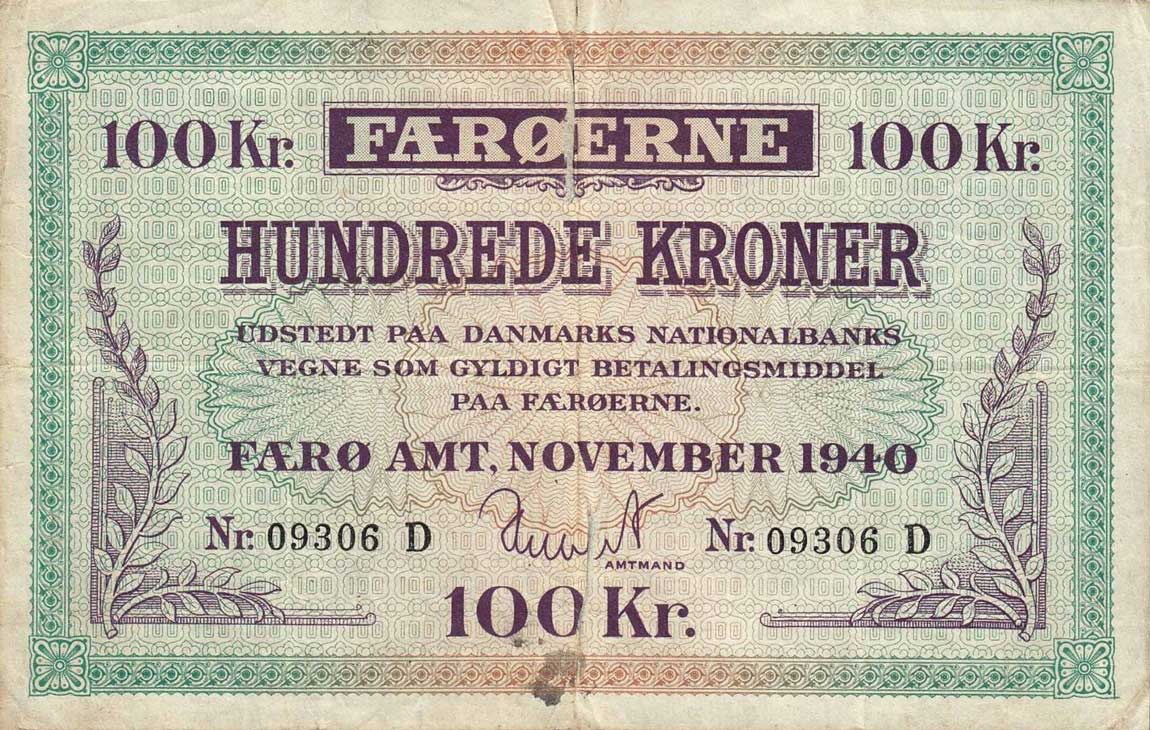 Front of Faeroe Islands p12a: 100 Kronur from 1940