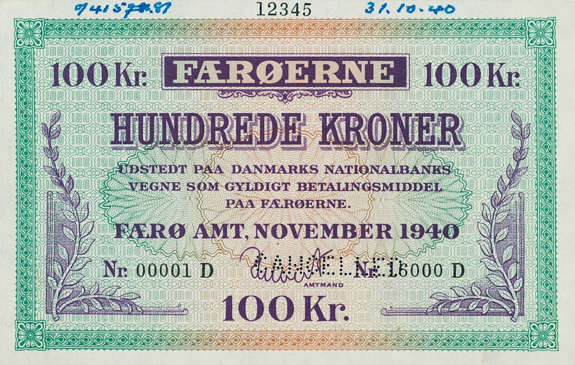 Front of Faeroe Islands p12s: 100 Kronur from 1940