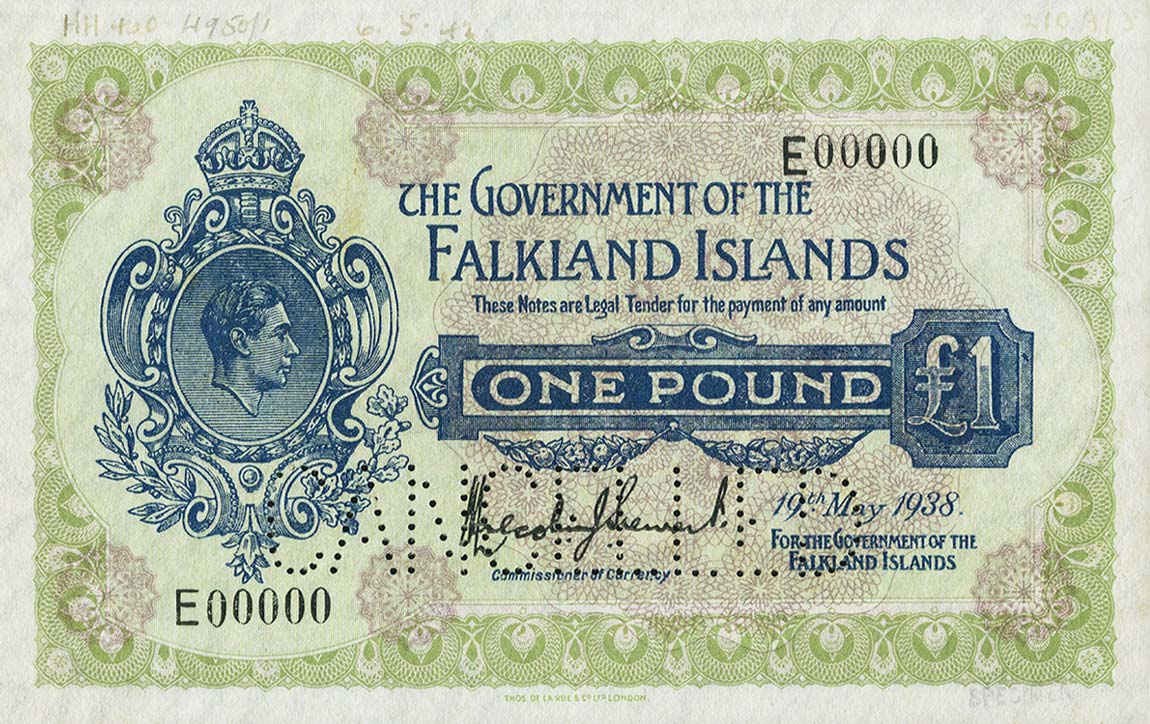 Front of Falkland Islands p5s: 1 Pound from 1938