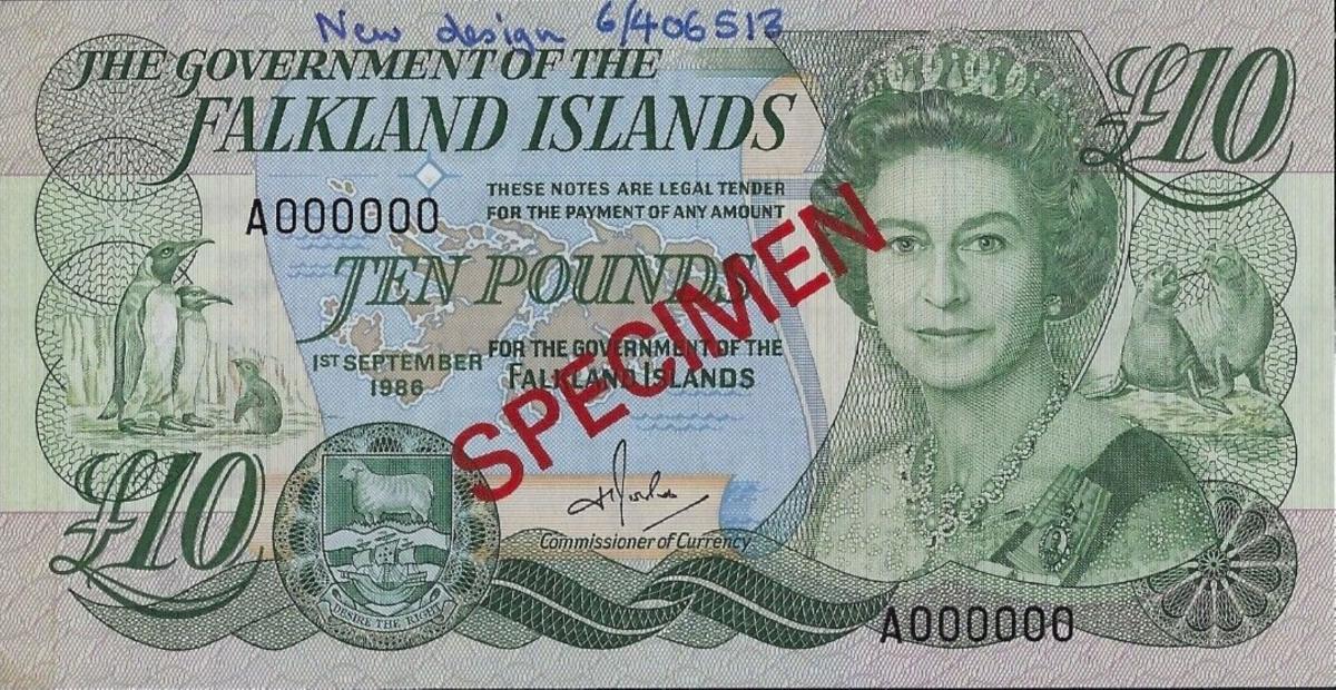 Front of Falkland Islands p14s: 10 Pounds from 1986