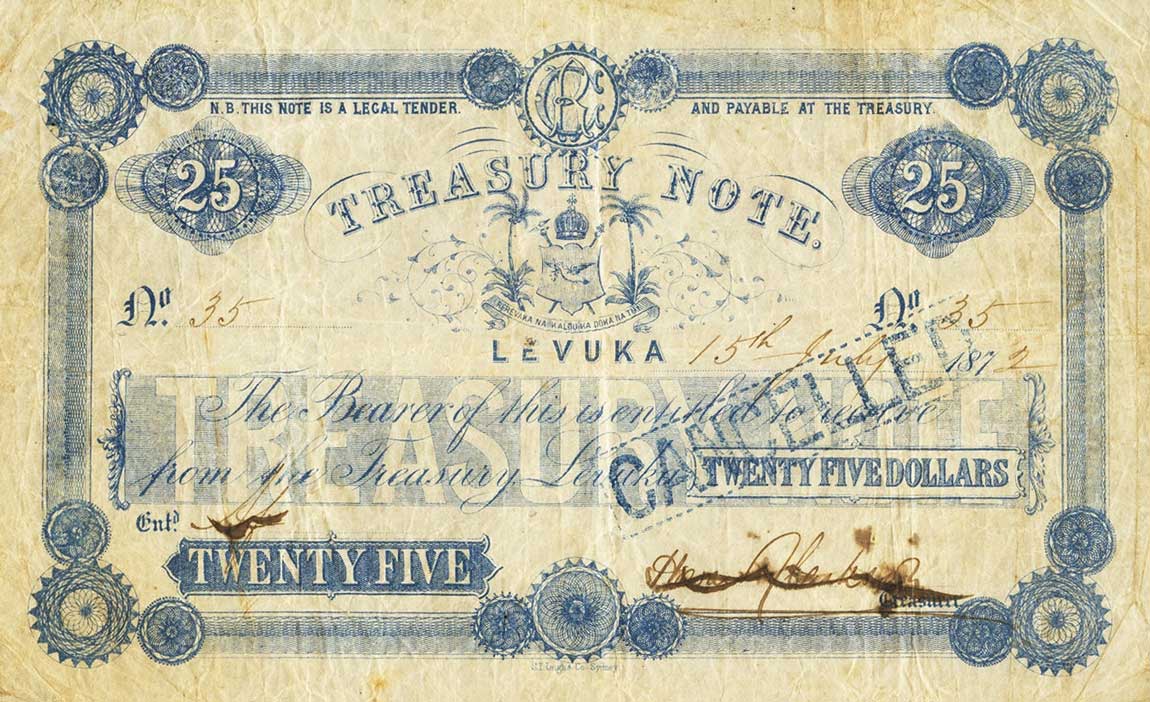 Front of Fiji p17b: 25 Dollars from 1872
