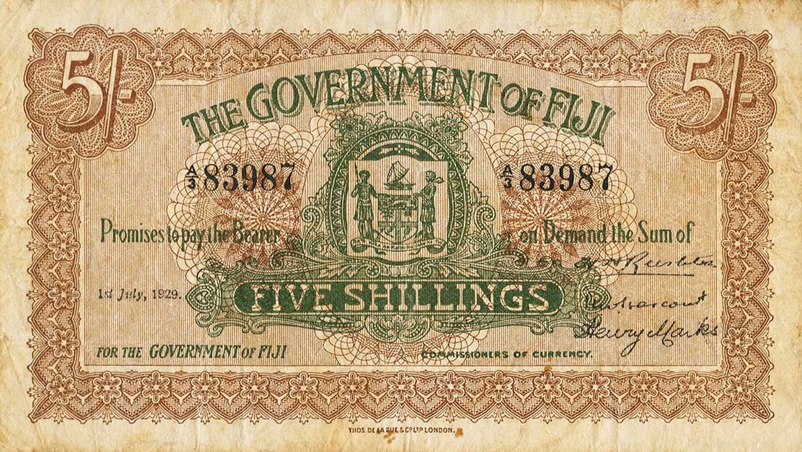 Front of Fiji p25j: 5 Shillings from 1929
