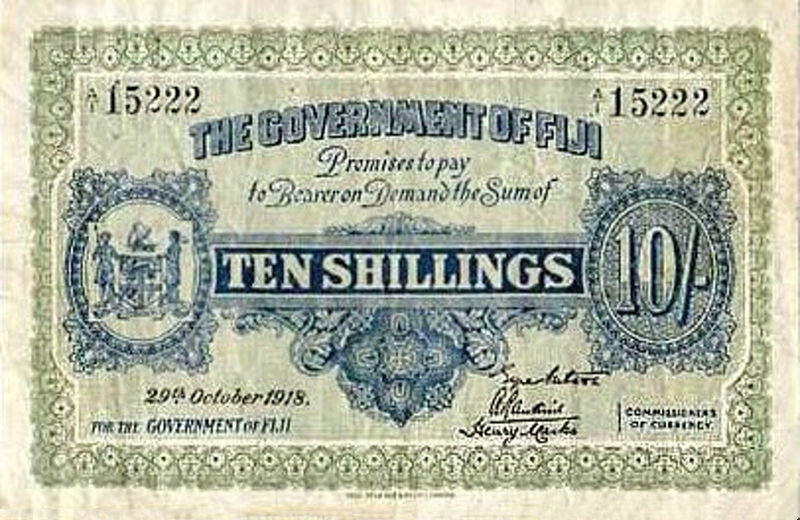 Front of Fiji p26a: 10 Shillings from 1918