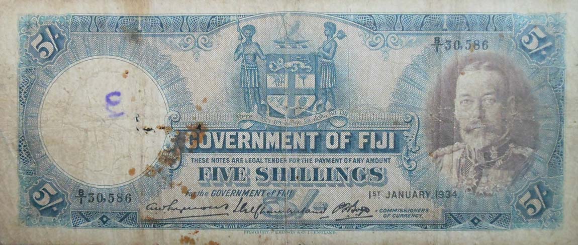 Front of Fiji p31a: 5 Shillings from 1934