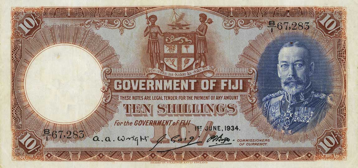 Front of Fiji p32b: 10 Shillings from 1934