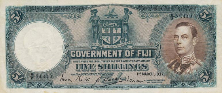 Front of Fiji p37a: 5 Shillings from 1937