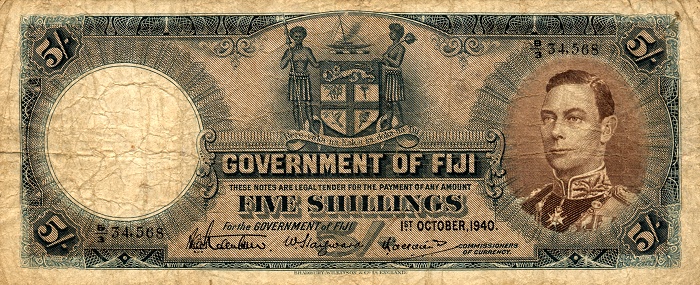 Front of Fiji p37c: 5 Shillings from 1940