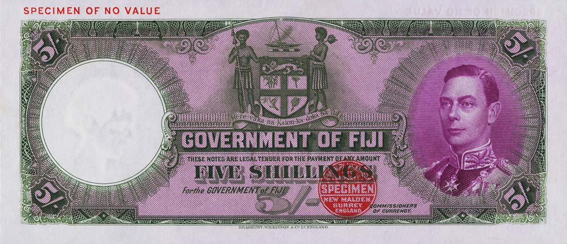 Front of Fiji p37cs: 5 Shillings from 1937