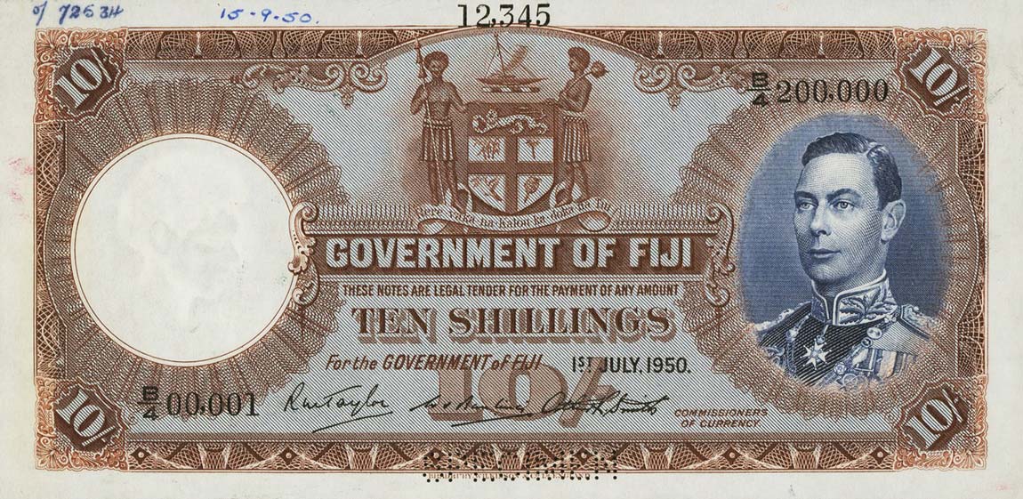 Front of Fiji p38s: 10 Shillings from 1937