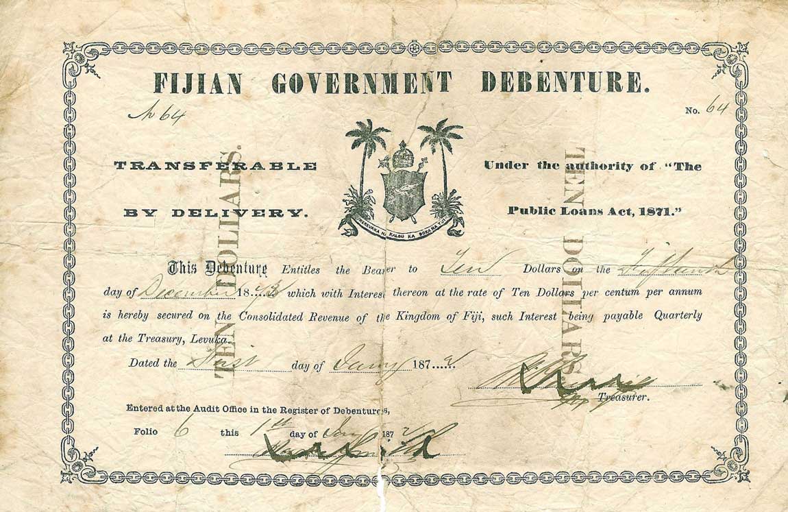 Front of Fiji p5b: 10 Dollars from 1871