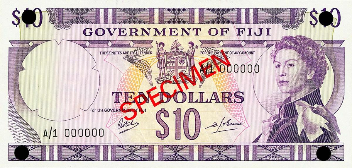 Front of Fiji p62s2: 10 Dollars from 1968